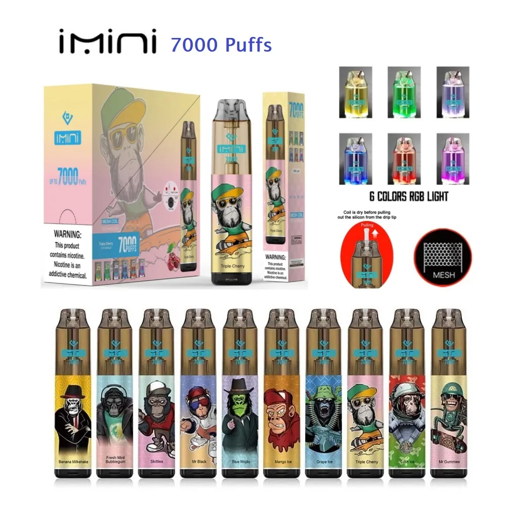 Imini Tornado 7000 puffs engångscigaretter 0,9 ohm mesh spole 15 ml pod uppladdningsbara elektroniska cigs rand puff 9k 12k 0% 2% 5% RBG Light Vape Pen Kit Vapers