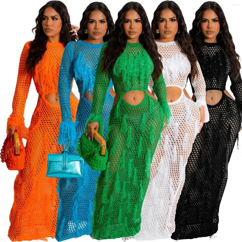 Vestidos casuais mulheres oco out tassel malha vestido longo sexy ver através de o-pescoço manga bodycon maxi festa robe roupas de praia