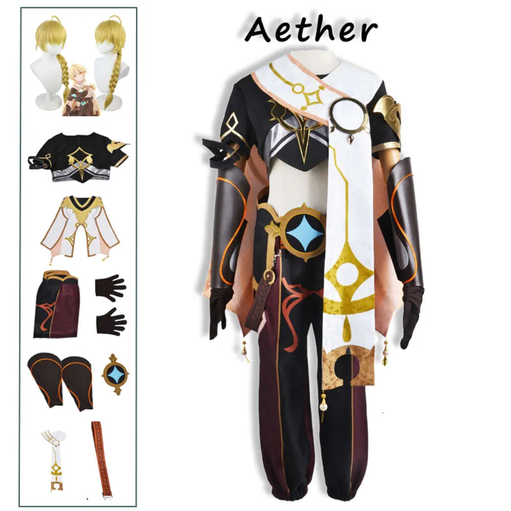 Traveller Aether Genshin Impact Kong Costume Cosplay per uomo Festa di Halloween Set completo Vestito Parrucca Scarpe Abito da donna