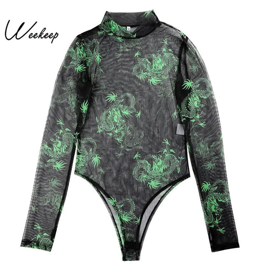 Weekeep seksowna perspektywa Bodysuit z długim rękawem Kobiety Summer Bodycon Dragon Druku