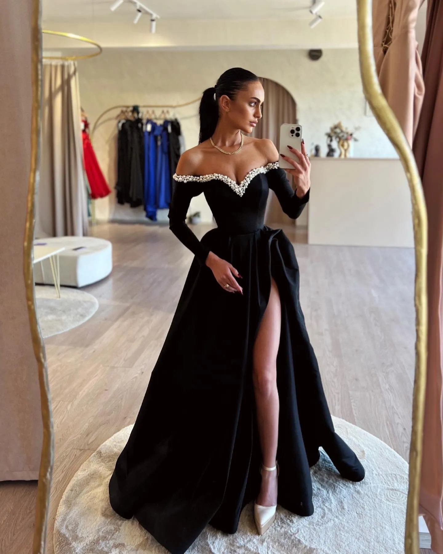 Off the shoulder black prom dress hotsell