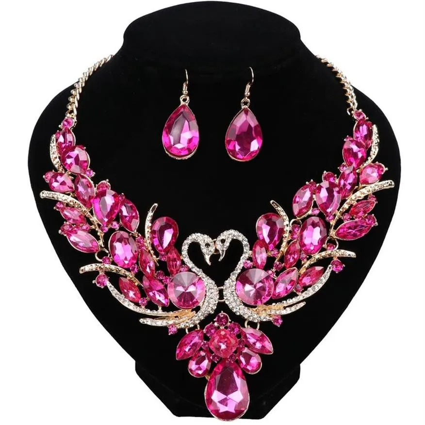Luxury Gold Plated Rose Red Crystal New Collier Femme Double Swan Statement Necklace Earring for Women Party Wedding Jewelry Sets243a