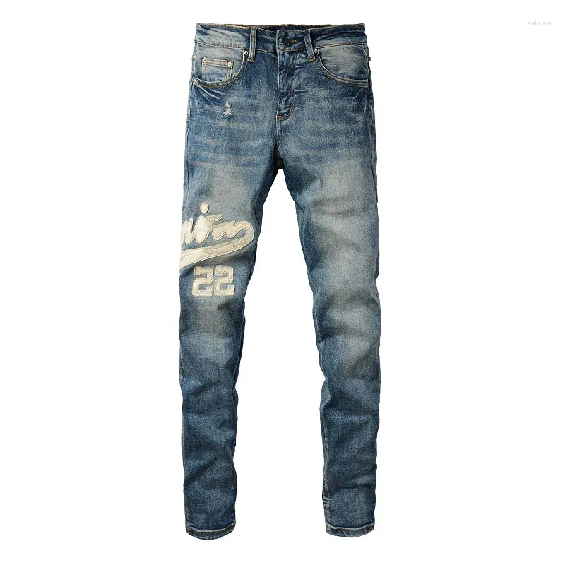Jeans da uomo Il marchio di alta qualità Azzurro Streetwear Slim Fit Lettere in pelle Toppe ricamate elasticizzate