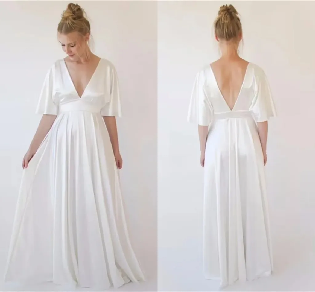 Boho Fildişi Yaz Nedime Elbiseleri Uzun Maxi Derin V Boyun Bir Çizgi Düğün Misafir Giyim Onur Gowns Prom Elbise Hizmetçisi