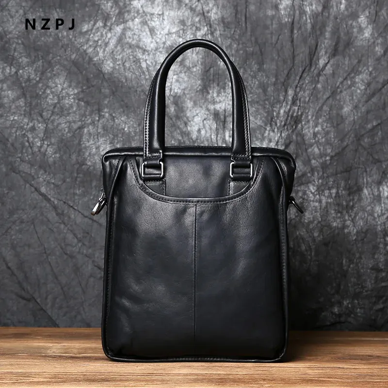 Briefcases NZPJ Men's Leather Business Handbag Top Layer Cowhide One Shoulder Messenger Bag Vertical Office Computer Bag Simple Briefcase 231026