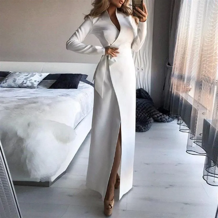 Casual Dresses Ladies Dress Sexy Slim V-Neck Simple Temperament Long Sleeve Slits Daily Ritual Robes De Soire Prom Elegant296u