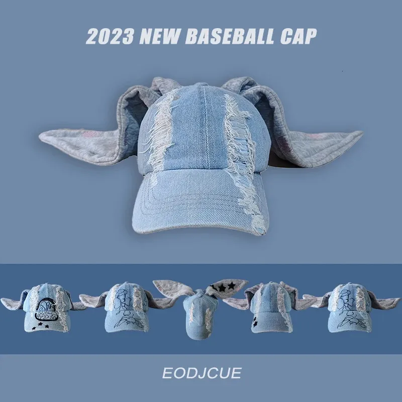 Top Caps y2k Büyük Tavşan Kulakları Denim Beyzbol Kapakları Erkek İlkbahar ve Yaz Açık Güneş Koruma Japon Retro Yırtık Vintage Kadın Şapkaları 231025