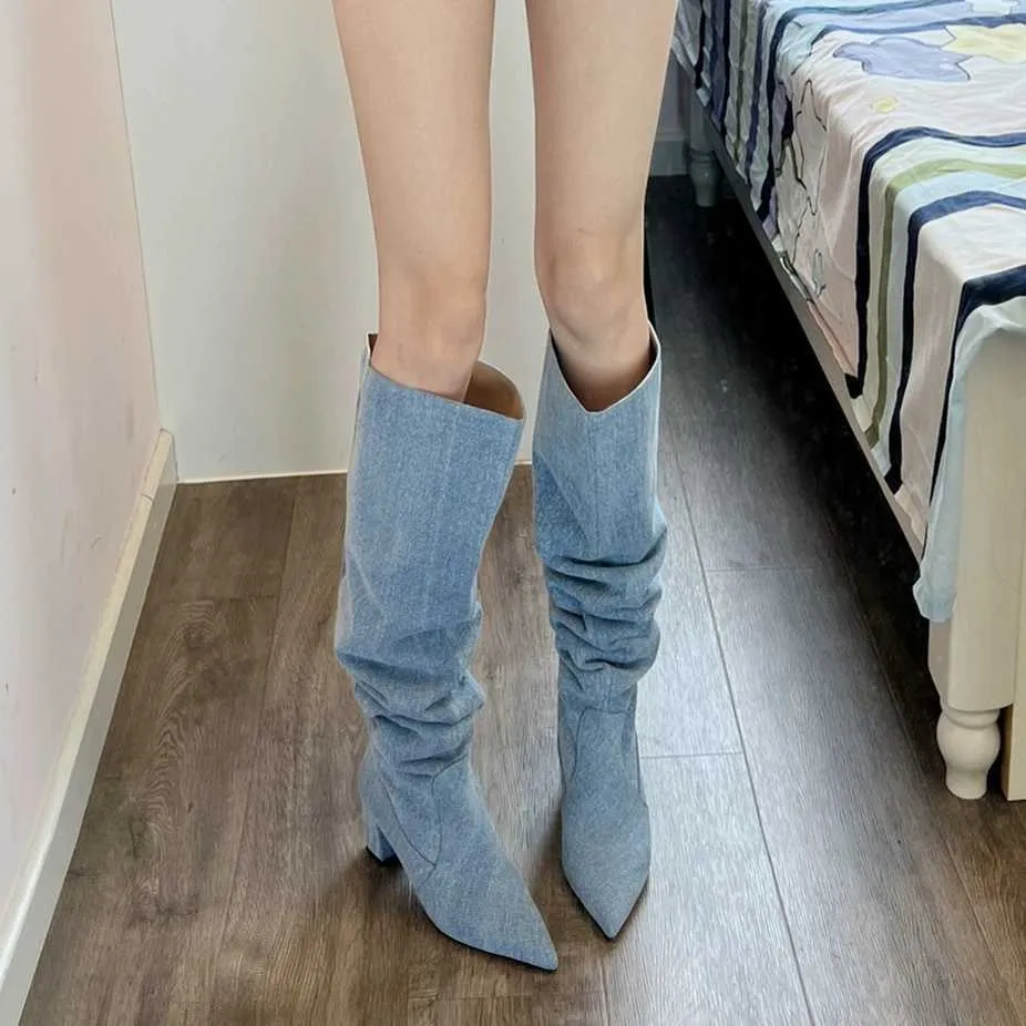 Stivali pile in denim, tacchi spessi da donna, tacchi alti, stivali lunghi, stile ragazza piccante, stivali alti versatili, stivali larghi, punte appuntite 231026