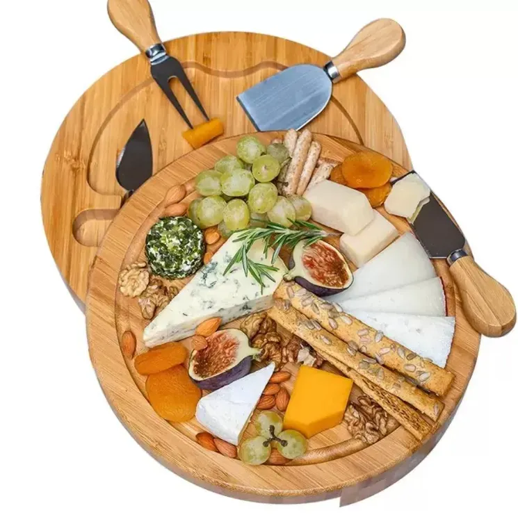 Outils de cuisine en bambou Planche à fromage et ensemble de couteaux Planches de charcuterie rondes Plateau de viande pivotant Cadeau de pendaison de crémaillère en gros FY2966 1027