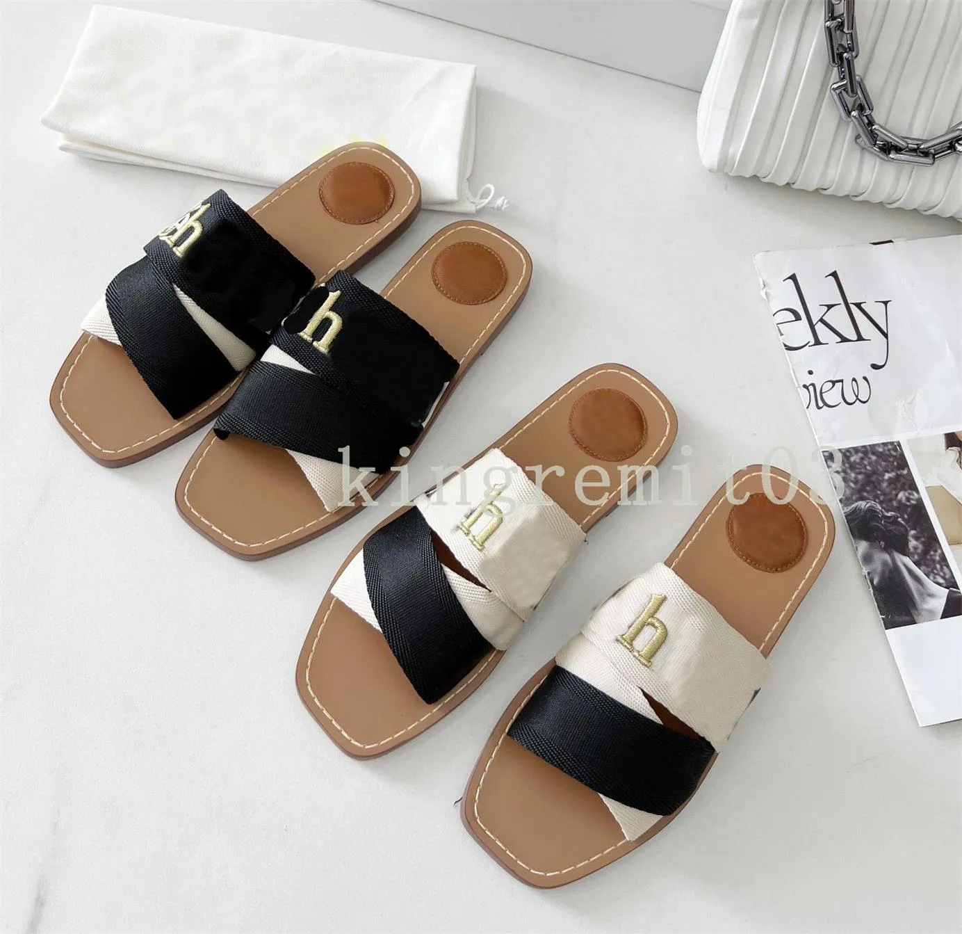 Brand Slippers WOODY Retro AAAAA Letter Sandals Flip Flops Leather Slipper Casual Flat Summer Beach Slides Women Shoe Box