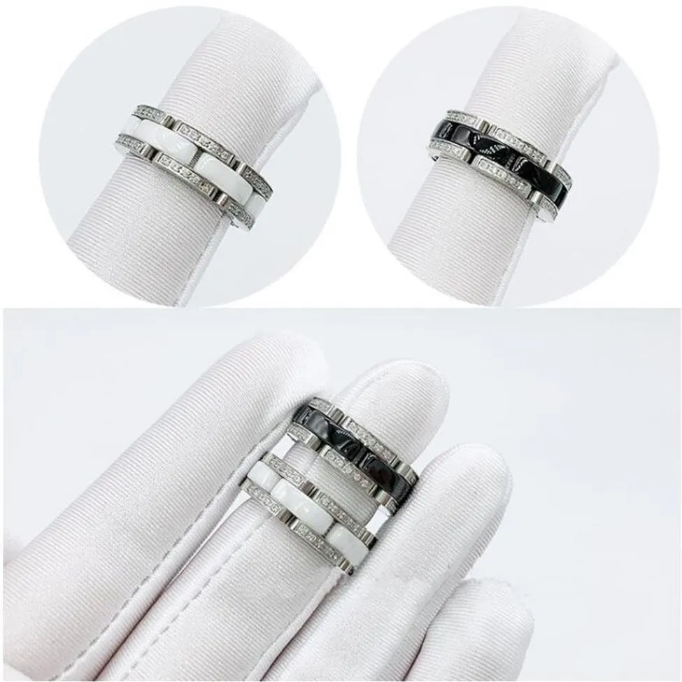 Europe America Fashion Style Men Lady Women Titanium Steel Engraved Letter Single Row Ceramic Setting Diamond Lovers Narrow Rings 221R