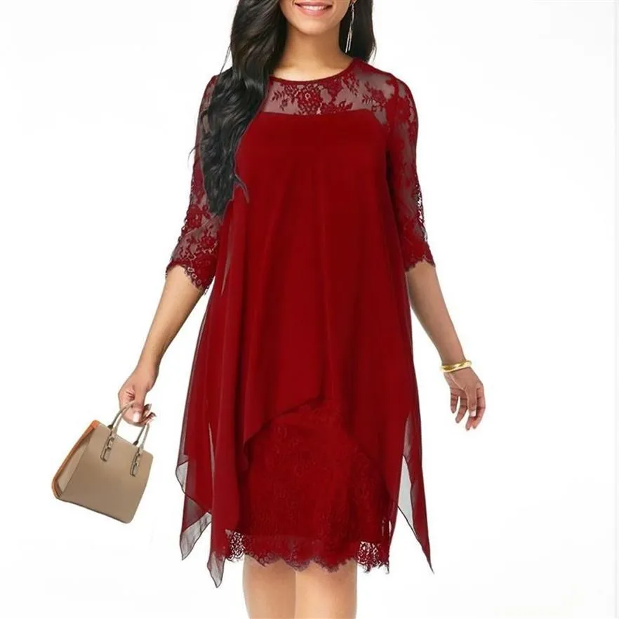 Casual Dresses XS-5XL Solid Color Three Quarter Sleeve Lace Dress Round Neck Women Elegant Overlay Chiffon Plus Size2021 Fashion230O