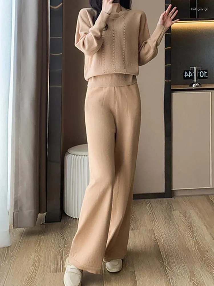 Women's Two Piece Pants High Quality And Minimalist Sports Suit With Round Neck Pullover Loose Wide Leg 2023 Fashionable Clothing