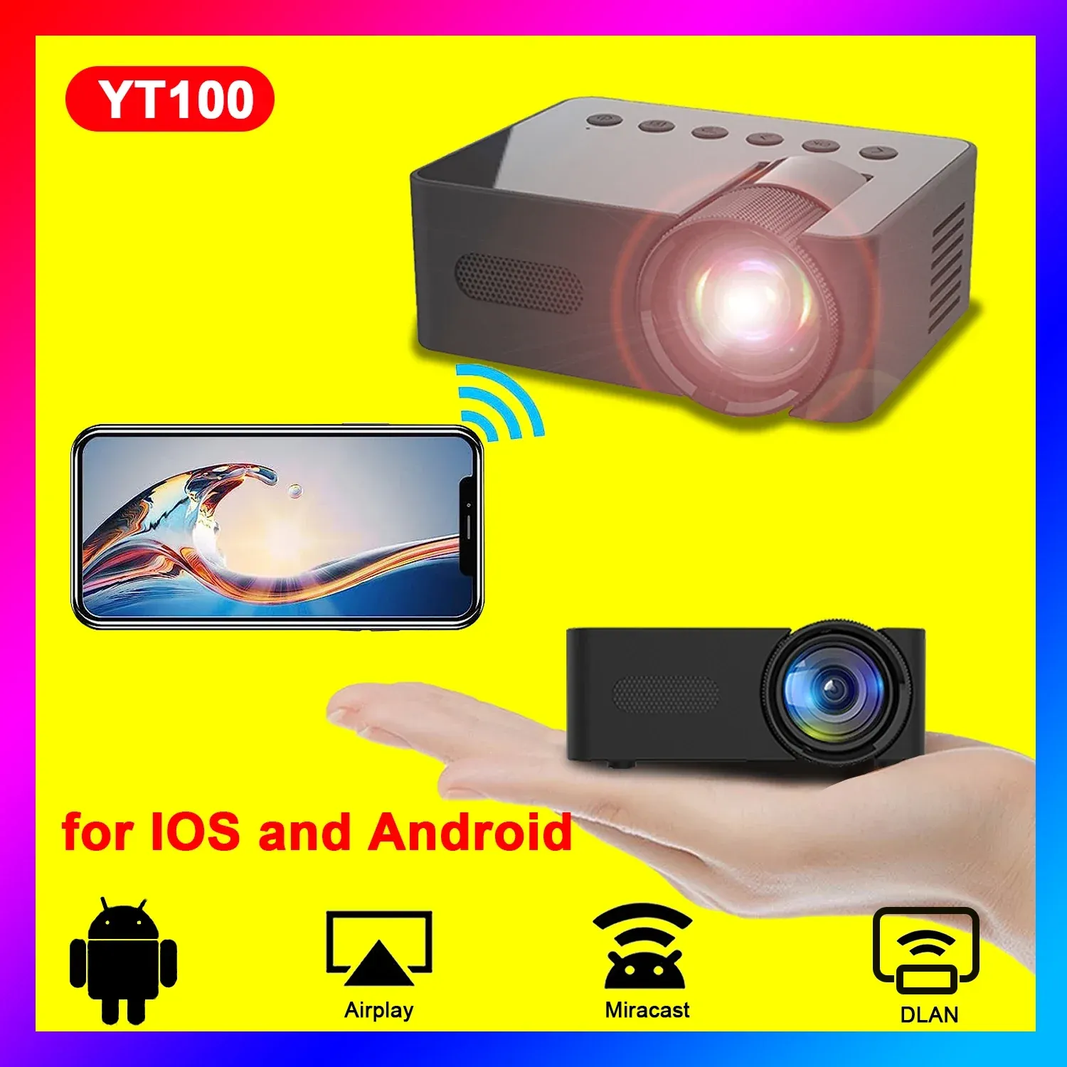 YT100 Mini-projector Zwart Micro Portable HD Home Draadloos Kleine mobiele telefoon Projectie Micro-projector Filmvertoning