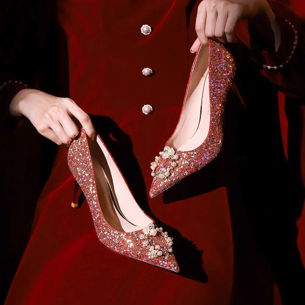 Женские свадебные туфли Guiyi с красными кристаллами, новинка 2023 года, свадебное платье Hexiu, свадебные туфли в китайском стиле, туфли на высоком каблуке 231026