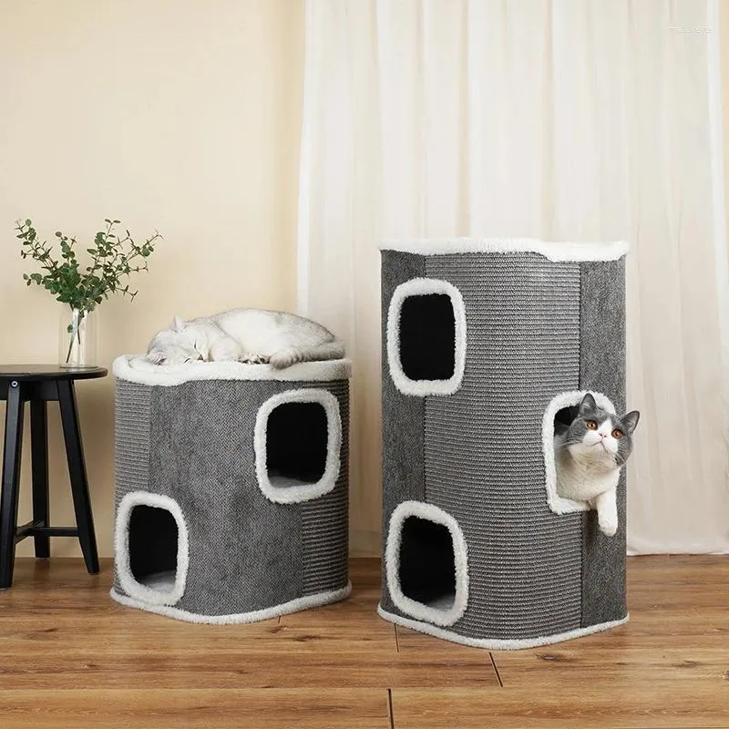 Transportadores de gatos 2 camadas para animais de estimação, barril para arranhar, casa, cilindro, sisal, torre, atividade com colchão removível, plataforma superior