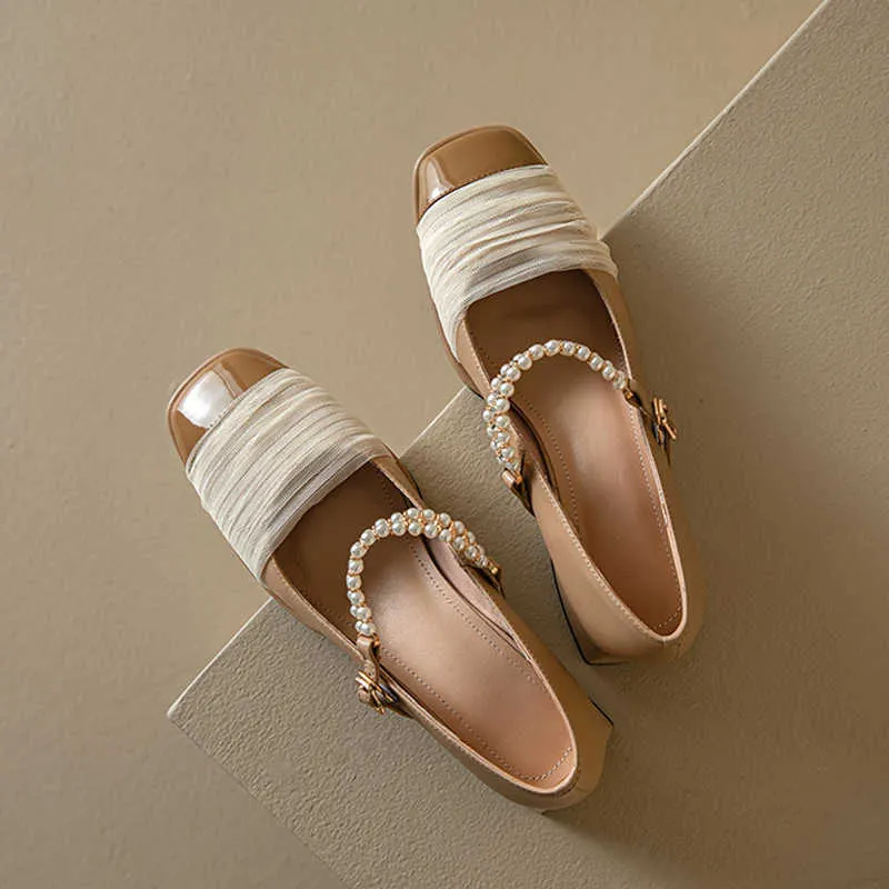 Xiaoxiangfeng Kore versiyonu Pearl, Mary Jane Ayakkabıları ile Bir Satır Bahar Yeni Çok Yönlü Peri Tarzı Orta Kalın Topuk Ayakkabı 231026