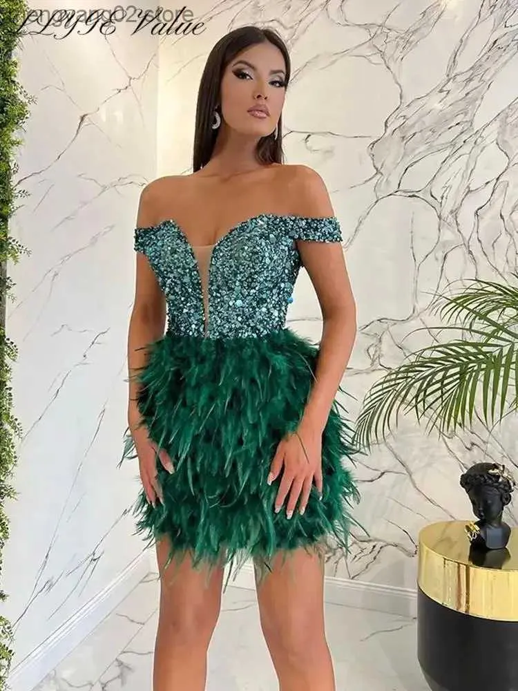 Базовые повседневные платья Euphoria Sequin Feather Женская мини-юбка Платье Новое платье с открытыми плечами Сексуальные блестящие вечерние вечерние платья для ночного клуба Женщины 2022 Лето T231026