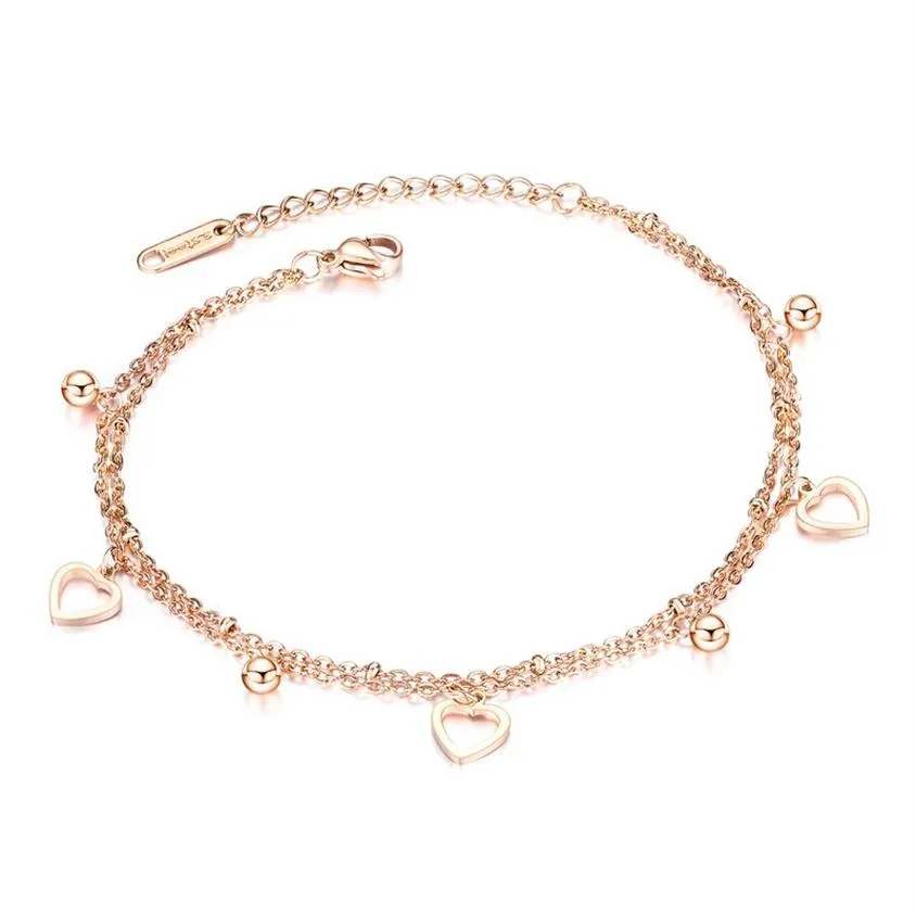 Petits bracelets de cheville en or Rose, chaîne de cœur et de perles, en acier inoxydable, 2857