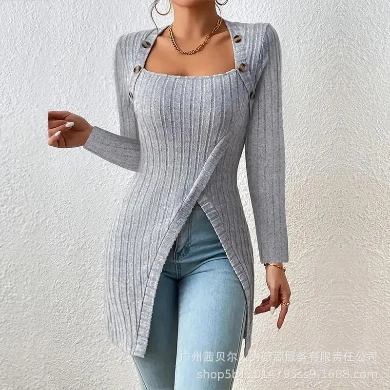 Pulls pour femmes Boutonné Slit Asymétrique Cou Top en tricot Femmes Col carré Plis Tops Slim 2023 Automne Pulls Split Y2K Jumpers