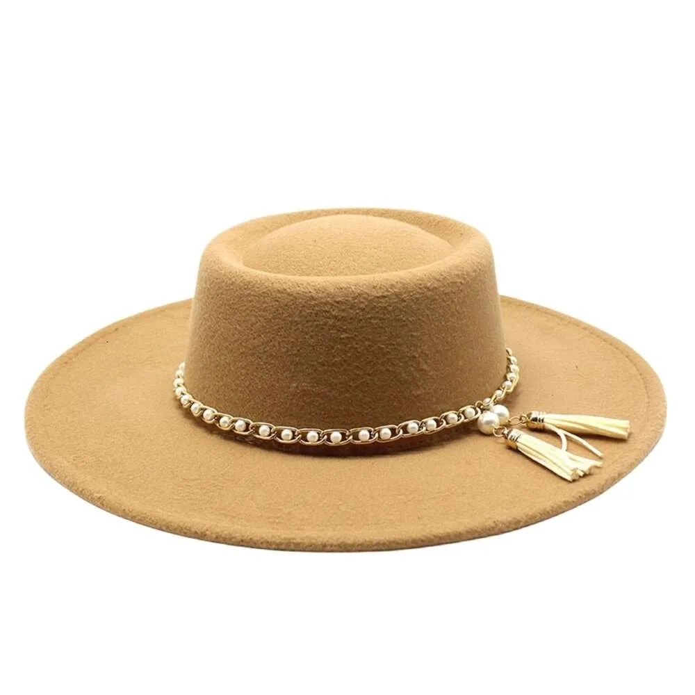 Eenvoudige effen kleur wolvilt Jazz Fedora hoeden met ketting mannen vrouwen brede rand Panama Trilby Cap