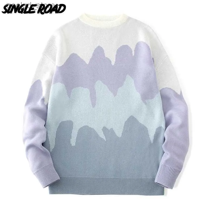 Men's Sweaters Single Road Mens Oversized Sweater Male 2022 Winter Vintage Knitted Sweaters Harajuku Pullover Jumper Korean Blue Sweater Men Q231026