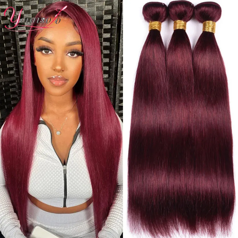 Lace 99J 32 polegadas em linha reta feixes de cabelo humano Borgonha vermelho brasileiro 1 3 4 tecer para mulher negra 231025