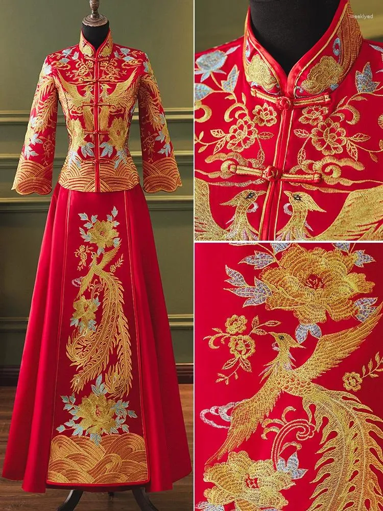 Vêtements ethniques Oversize 4XL Style simple rétro chinois marier satin Cheongsam haute qualité fleur Phoenix broderie mariée marié mariage