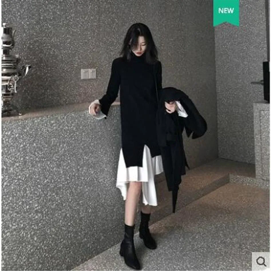 European fashion New design women's personality long flare sleeve knitted patchwork asymmetric ruffles bottom long sweater dr248U