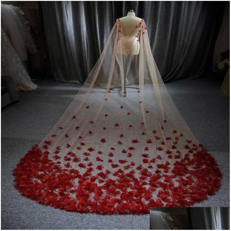 Velos de novia Velos de boda rojos de lujo Chic Una capa Lentejuelas Flor 3 metros de largo Accesorios nupciales Velo largo de catedral Hecho a medida Dh7Gk