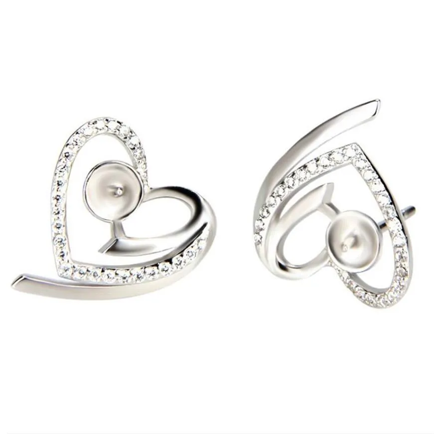 Orecchini a bottone in argento sterling 925 con zirconi a forma di cuore Montaggio di perle in argento Orecchini incompiuti Creazione di gioielli 5 paia230P