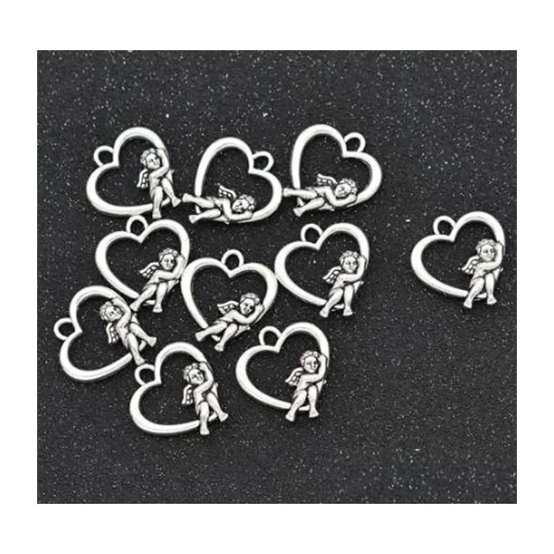 Charms 100Pcs/Lot Antique Sier Plated Angel Wings Cupid Love Heart Pendant Bracelets Necklace Jewelry Making Craft Diy 20X18Mm Drop De Dhbkx