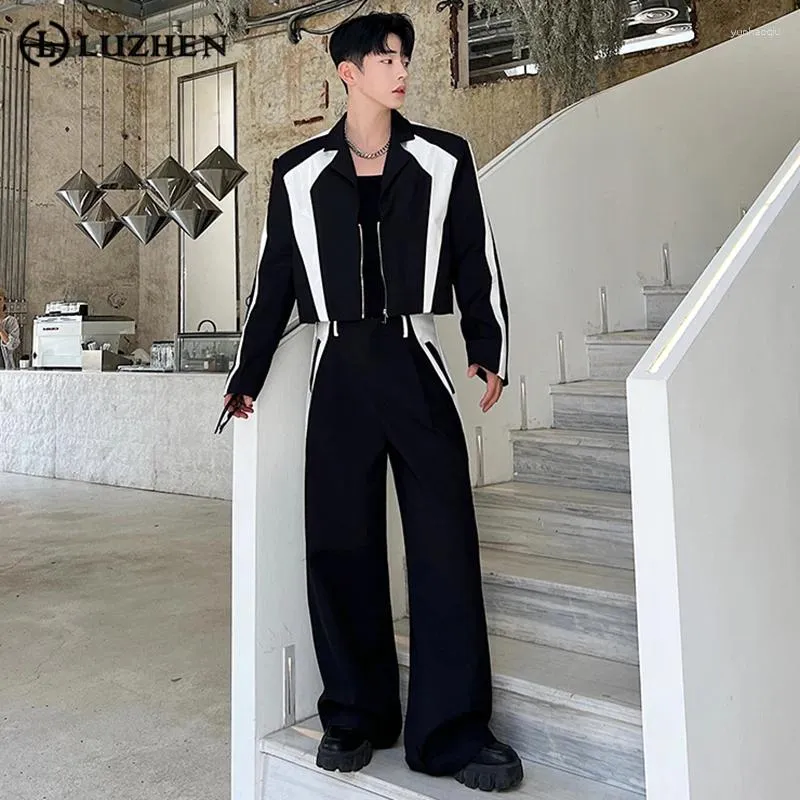 Men's Tracksuits LUZHEN Korean Luxury Sets Niche Male Blazers Pu Leather Spliced Suit Coat Wide Leg Pants Two Piece Tide Men Wear E92e01