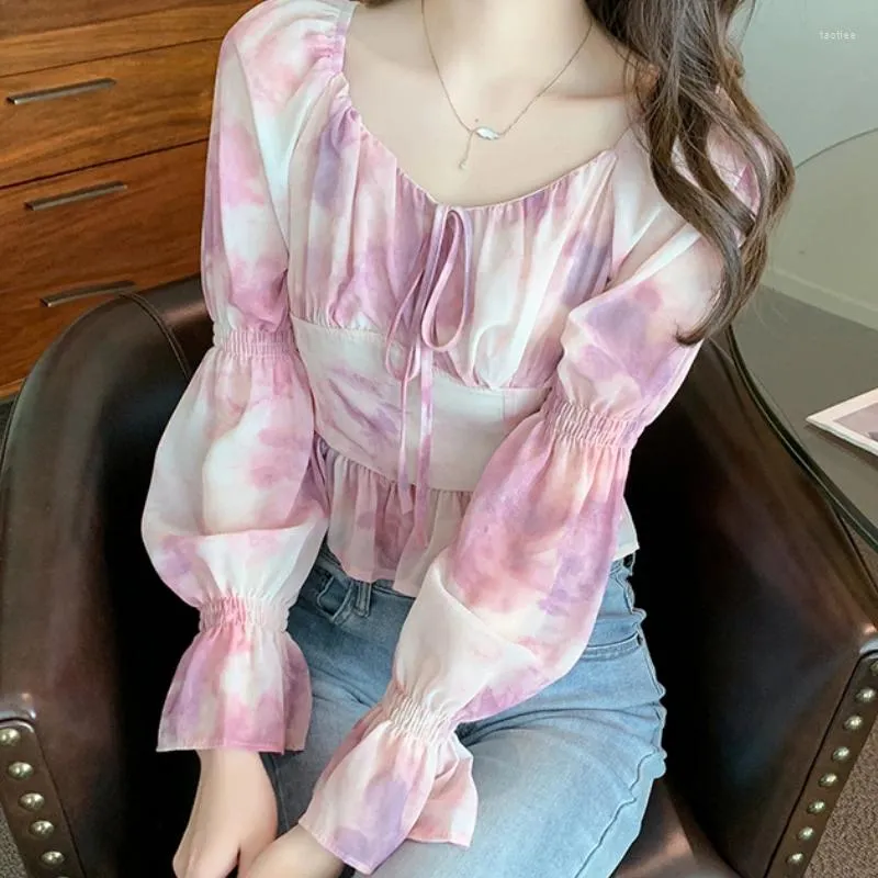 Camicette da donna Chiffon Donna e top Moda Elegante Abbigliamento femminile Camicie sexy con lacci Stampa Pullover manica svasata rosa