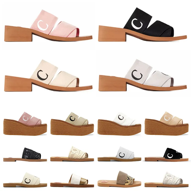 Berömda designer Woody Sandals för kvinnor Mules Flat Slides Light Tan Beige White Black Pink Lace Leting Chloee Tyg Canvas Slippers Womens Summer Outdoor Shoes