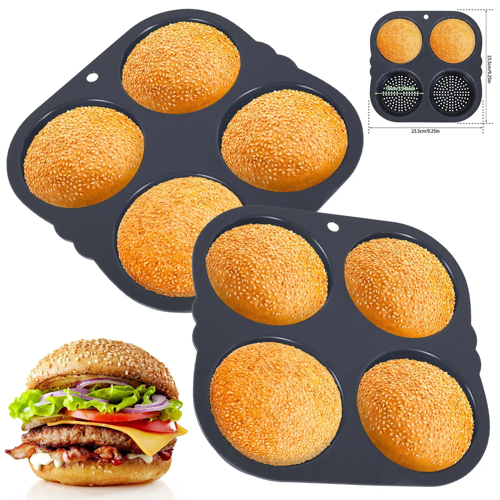 Baking Moulds 2Pcs Silicone Hamburger Mold 4 Cavities Nonstick Burger Maker Bread Mould Bun Molds Cake Pan Kitchen Gadgets 231026