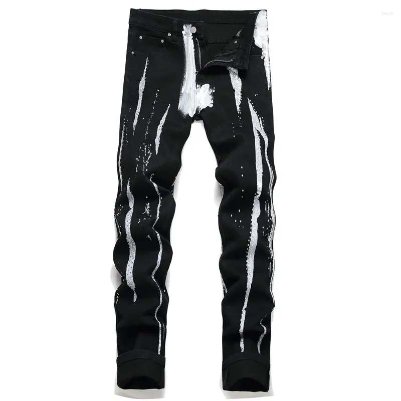 Herren Jeans Männer Crystal Stretch Denim Streetwear Painted Black Hosen Slim Straight Hosen