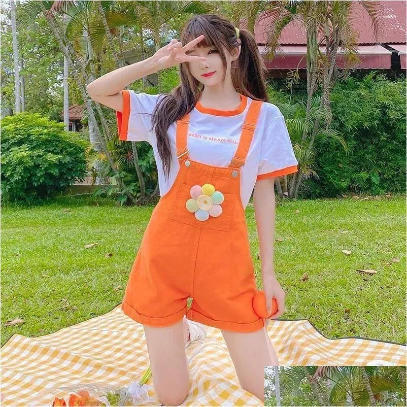 Shorts femininos japonês harajuku macacão laranja para mulheres menina verão kawaii bonito suspender macacão férias adolescentes roupas dh1dd