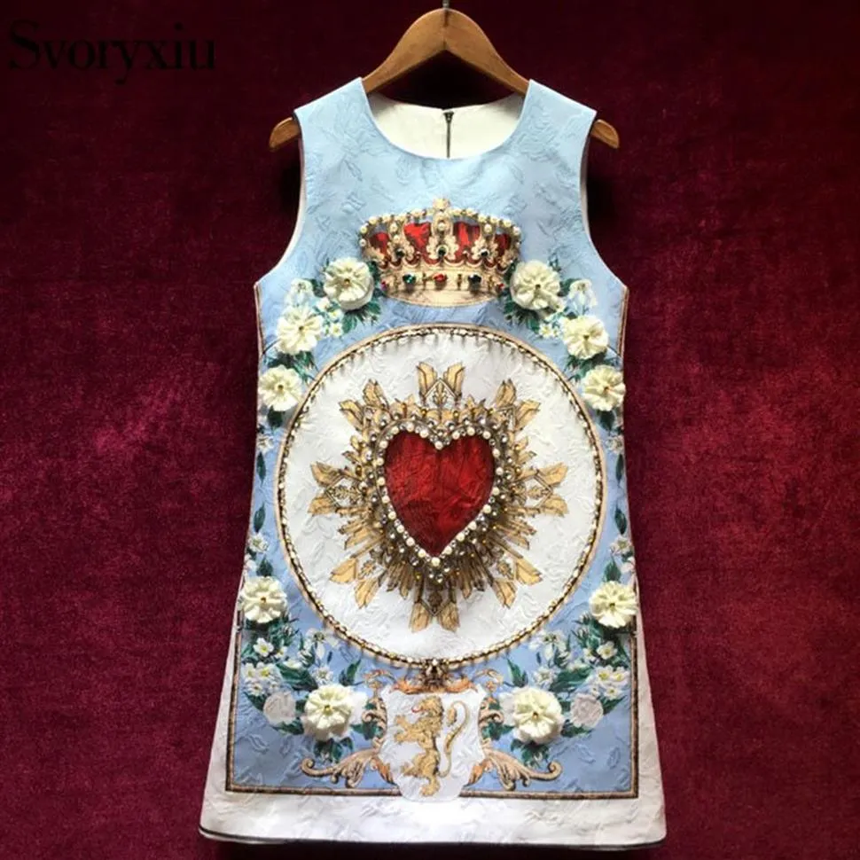 Svoryxiu Runway Personalizado Verão Jacquard Vestido Feminino Luxuoso Beading Apliques de Cristal Impresso Festa Sem Mangas Curto Dress278D