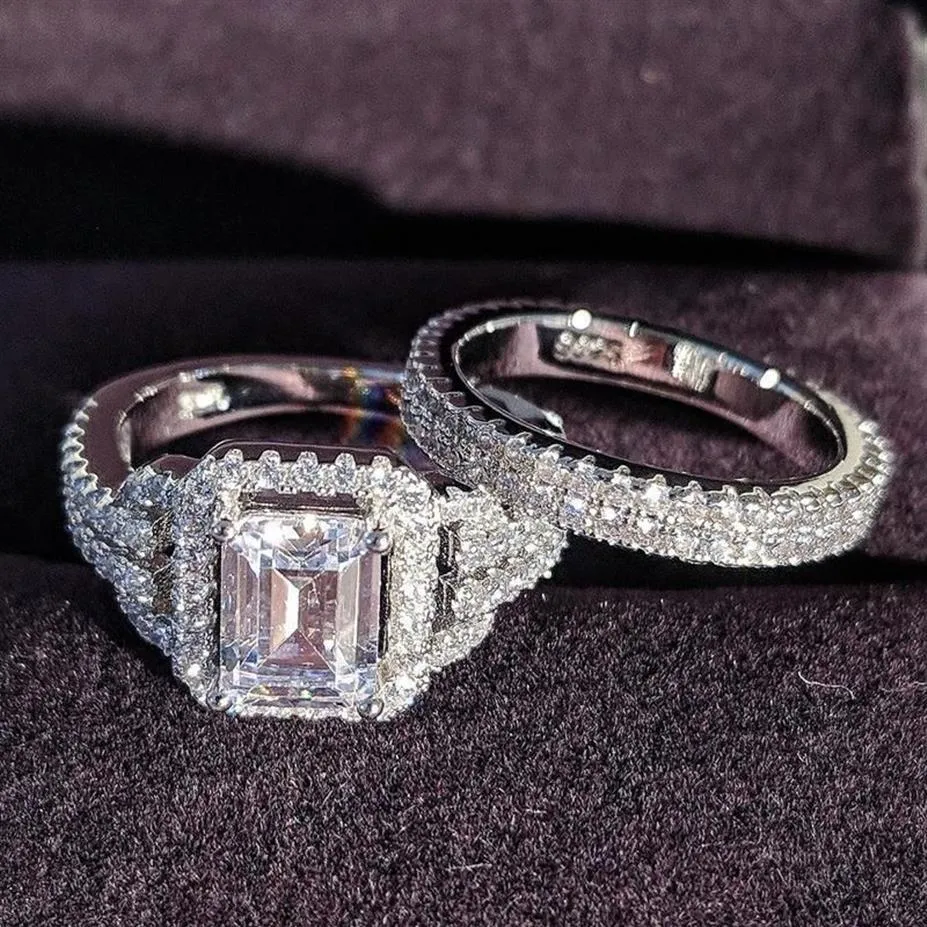Solid 925 Srebrny srebrny cyrkon Zestaw ślubny dla nowożeńców Finger Finger Luksusowy całe działki biżuteria R48352954