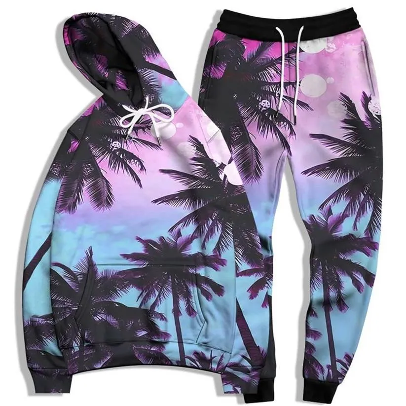 Męskie dresy męskie bluza z kapturem i joggingowe spodnie do biegania Dwuczęściowe zestawy kokosowe drzewo kokosowe HARAJUKU GALAXY 3D Print Tracksuit 195x