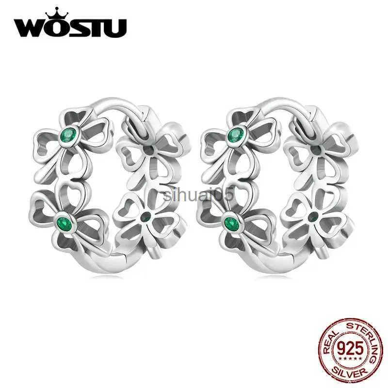 Stud WOSTU Real 925 Sterling Silver Flower Hollow Hoop Earrings For Women Lucky Clover Grass Ear Clips Wedding Party Jewelry Gift YQ231026