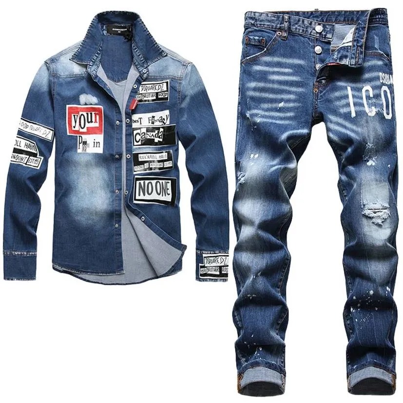 2022 Tracksuits Novo Impresso 2pcs Conjuntos Masculinos Verão Outono Denim Cardigan Manga Longa Lapela Camisa e Calças Skinny Rasgadas Dois 219r