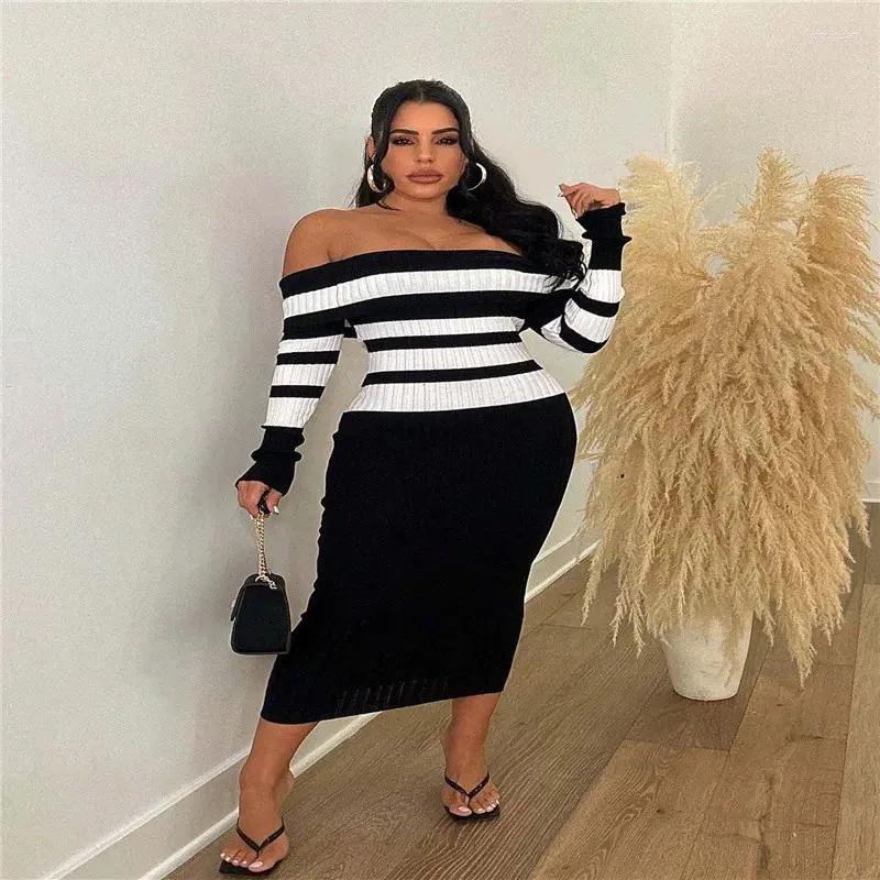 Casual Dresses Women's Autumn -Selling Long-Sleeved Off-the-Shoulder Fashion Temperament Tight Striped Ladies 'High Street Dress