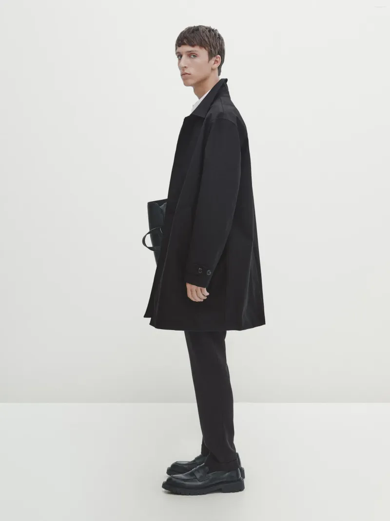 Trench da uomo MassimoDutti Business Casual Stile minimalista Cappotto di design nero di media lunghezza di alta qualità