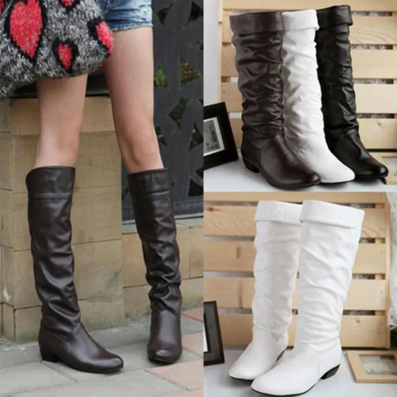 Boot's Leather Pu Knee High Boots Fashion Folding Slip on Winter Casual Low Heels White Black Long Slim Ladies 231025