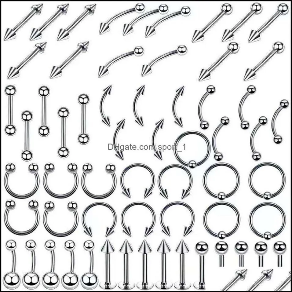 Jewelrystainless Steel Set Tongue Rings Body Piercing Eyebrow Belly Nose Nail Jewelry Aessory 120 Blandar hela droppleverans 293p