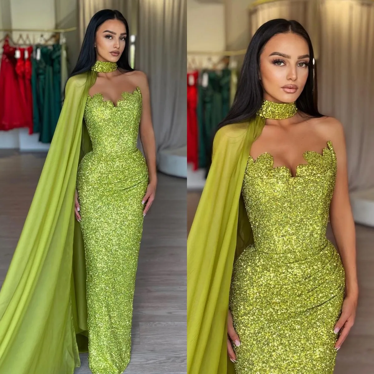 Green Mermaid Prom Dresses Sequins with cape Evening Dress Pleats High Collar Formal Long Special Occasion Party dress