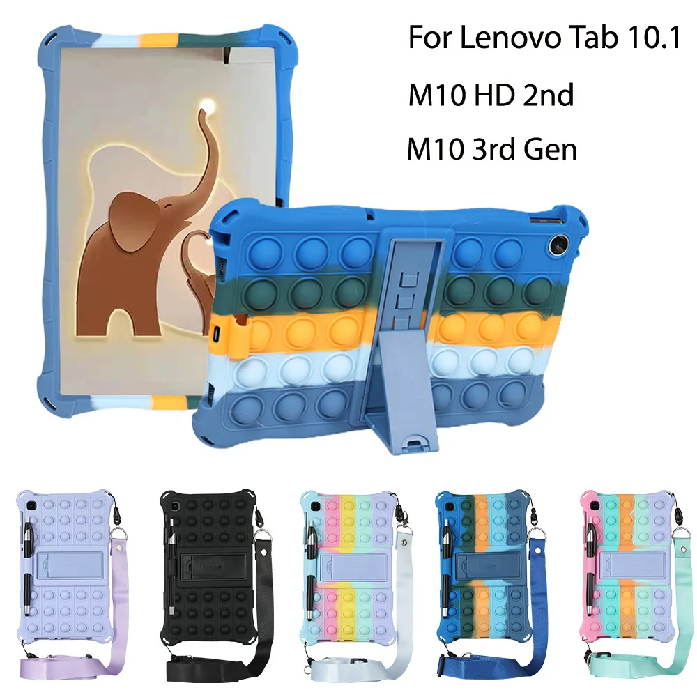 Capa de silicone bolha macia para Lenovo Tab M10 HD 2nd 10.1 M10 FHD Plus 10,3 polegadas Pop Push Case Anti-Stress Tablet Stand Cover com cordão para caneta Stylus