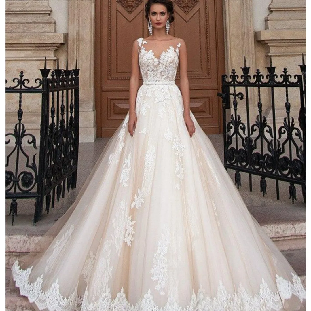 Tiered Lace Wedding Gown with Jewel Neckline and Sheer Sleeveless Design for Plus Size Women from Dhgate A-Line Wedding Dresses - price 250.58 Tiered Lace Wedding Gown with Jewel Neckline and Sheer Sleeveless Design for Plus Size Women from Dhgate A-Line Wedding Dresses - price 250.58